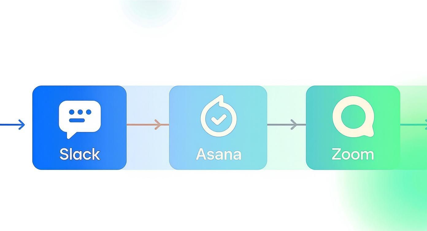 Icons of Slack, Asana, and Zoom connected by arrows, illustrating a remote team collaboration workflow.