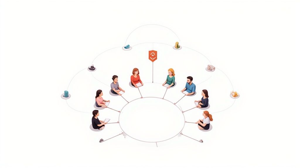 An aerial view of diverse people sitting in a circle, connected by lines to a central hub and surrounding icons.