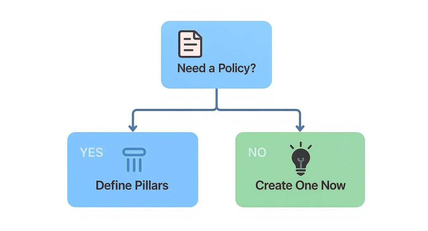 A flowchart diagram for policy management, illustrating steps to define pillars or create a new policy.
