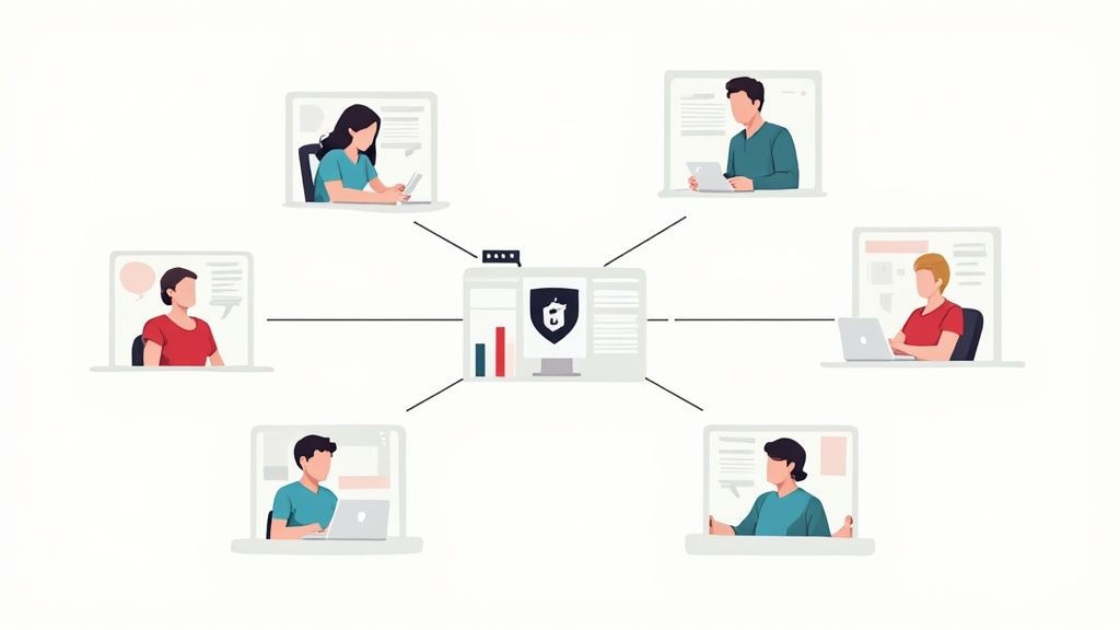 A group of remote team members collaborating effectively from different locations, represented by a network of connected screens.