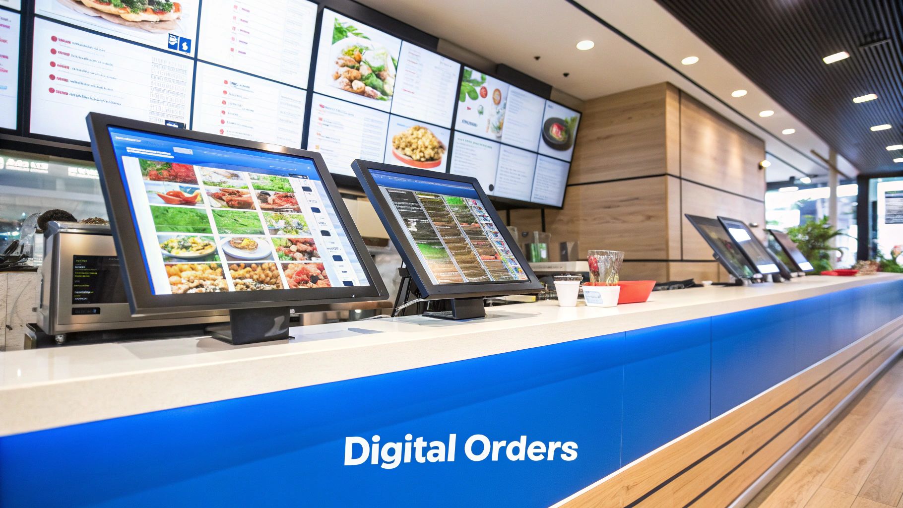 A kitchen display system showing incoming digital orders next to a busy food preparation line.
