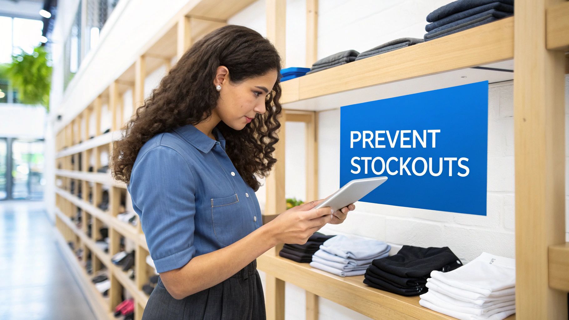 A small business owner using a tablet to scan products in a warehouse.