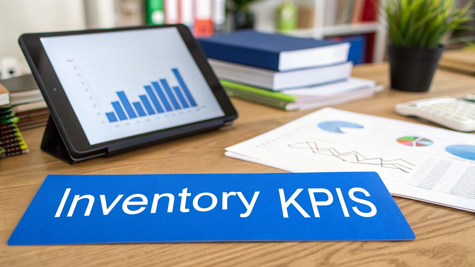 Tablet displaying blue bar charts on desk with business reports and Inventory KPIS banner
