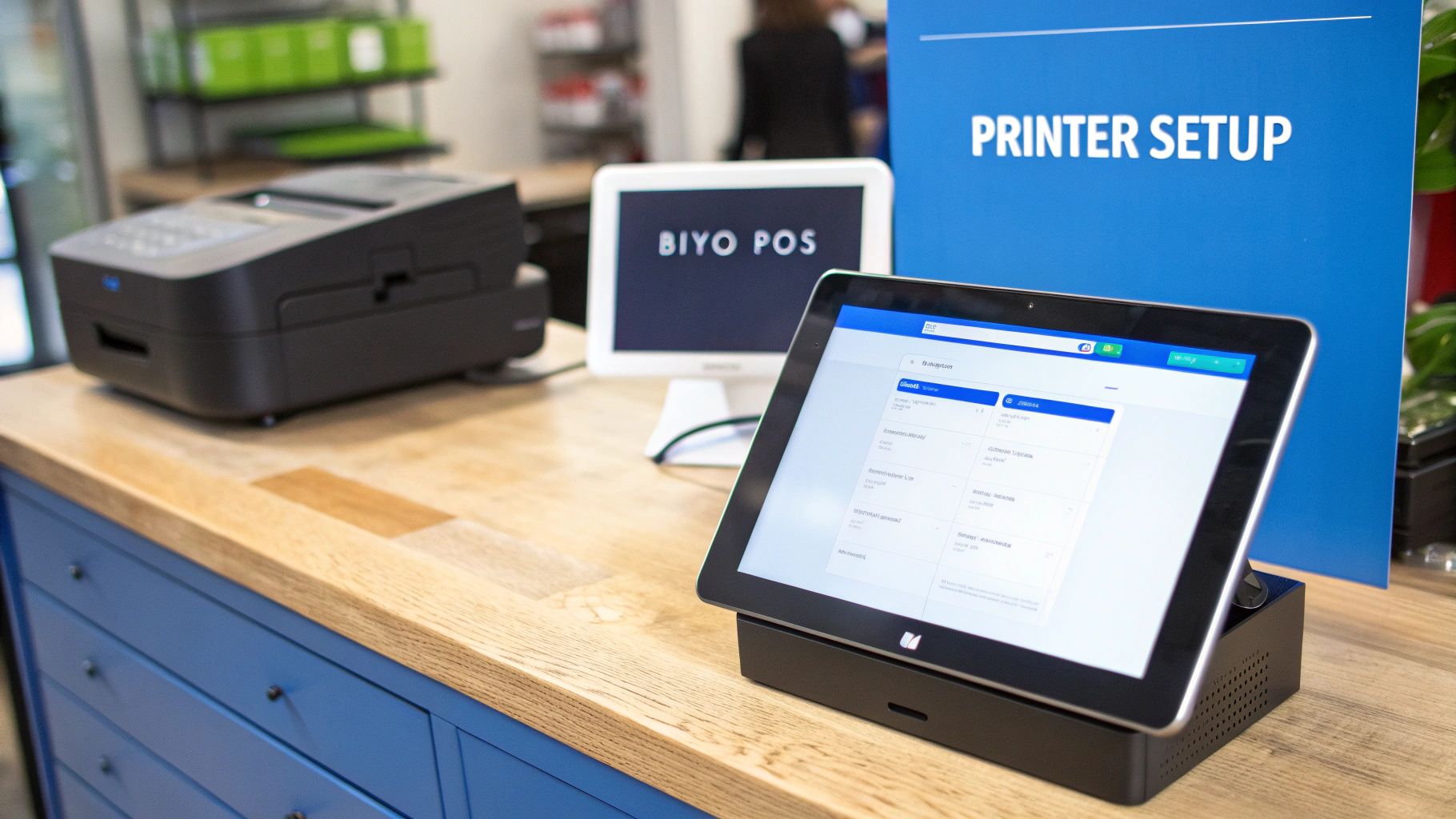A point-of-sale setup with a printer, a tablet displaying software, and a 'Printer Setup' sign.