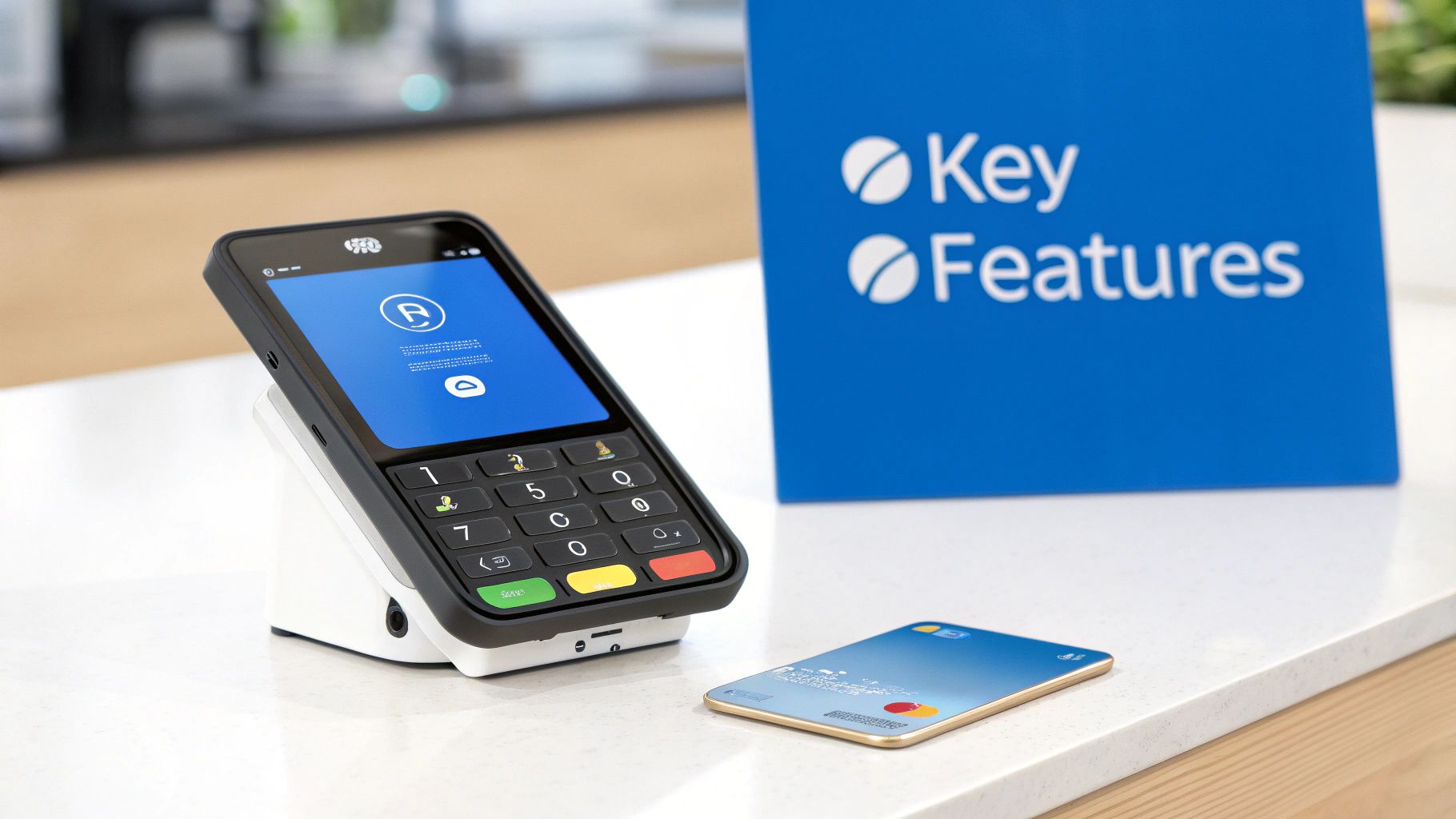 A black mobile credit card payment terminal on a white stand, with a credit card and a 'Key Features' sign.