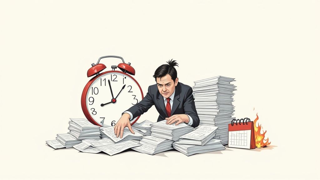 Stressed businessman rushing through paperwork with alarm clock showing deadline and burning calendar