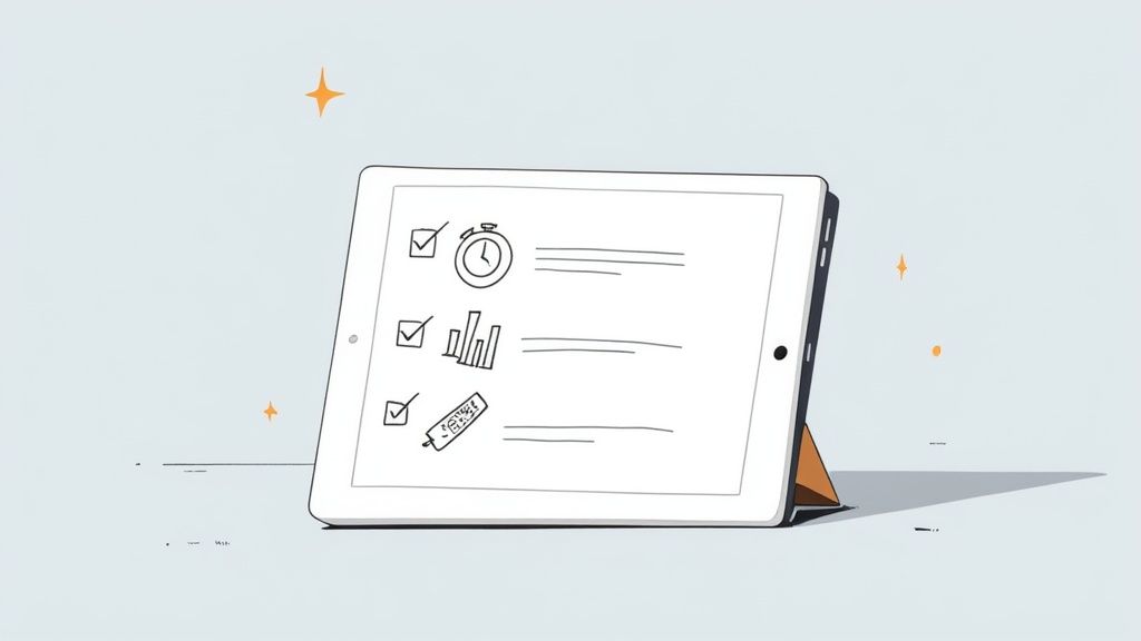 A checklist on a clipboard with a pen, surrounded by icons representing software features like clocks, charts, and mobile devices.