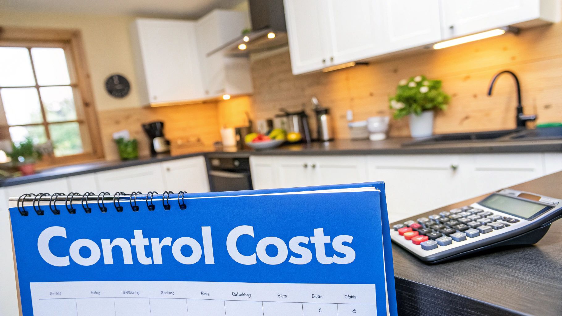 A blue binder titled 'Control Costs' and a calculator sit on a kitchen counter, symbolizing financial management.
