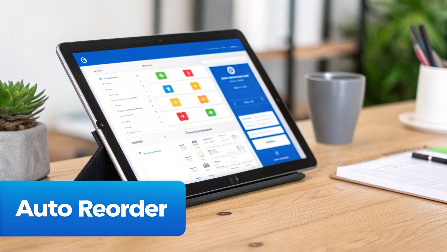 A close-up of a tablet on a wooden desk showing an inventory management and auto-reorder system.