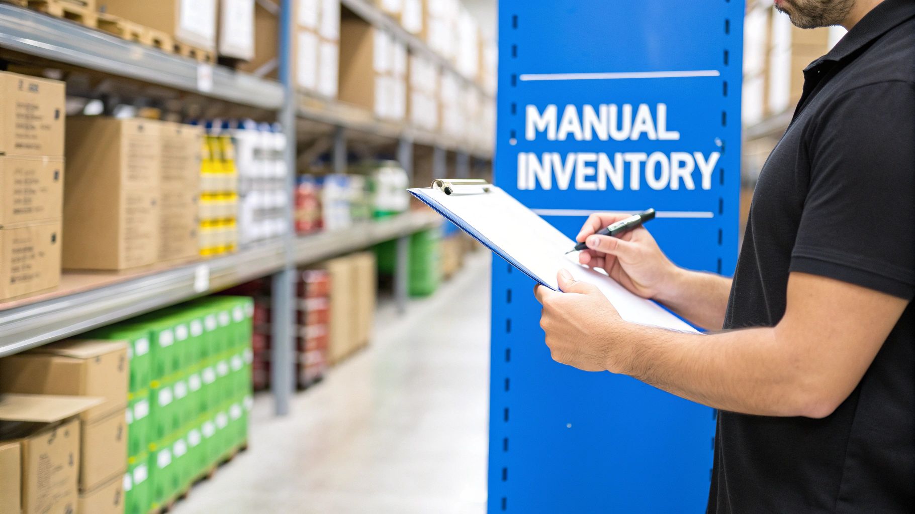 A warehouse worker scanning a box with a barcode scanner, showing an efficient inventory process.