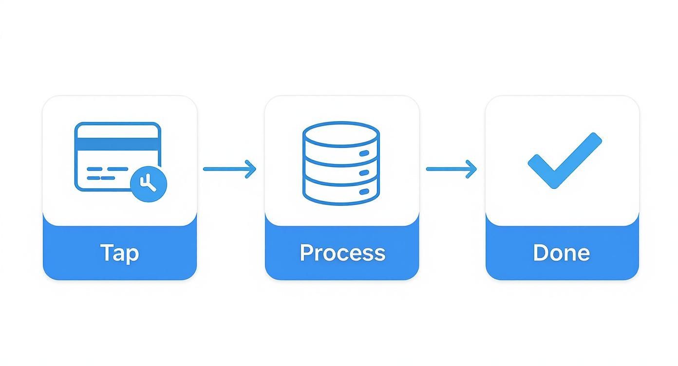 A three-step diagram illustrating a mobile payment process: tap credit card, process transaction, and done.