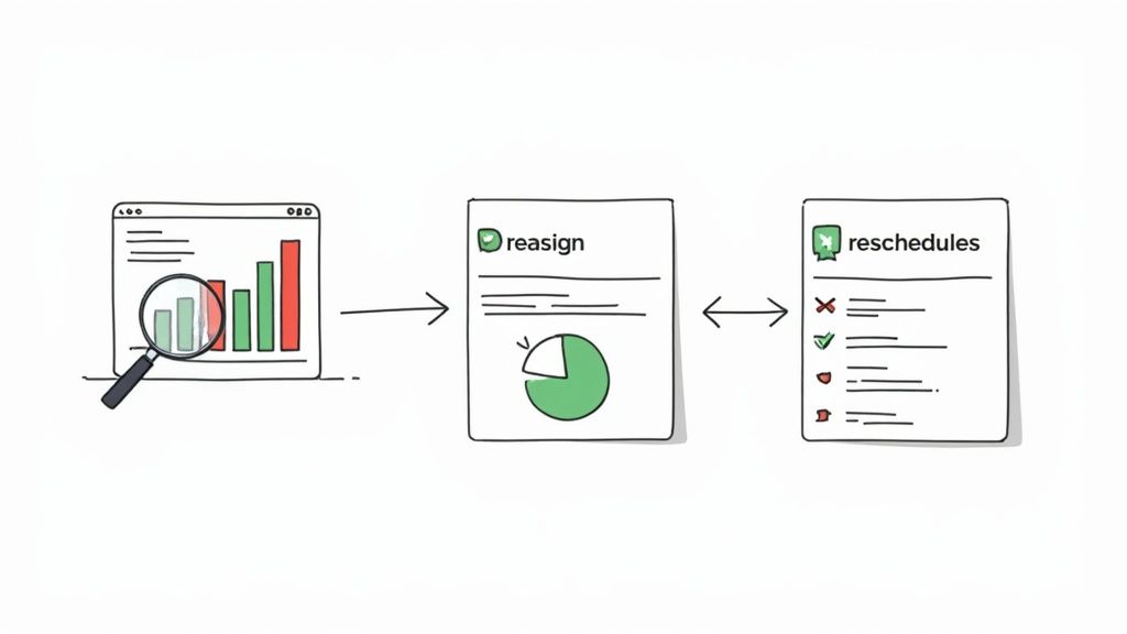 Workflow diagram showing data analysis leading to resource reassignment and team reschedules applications