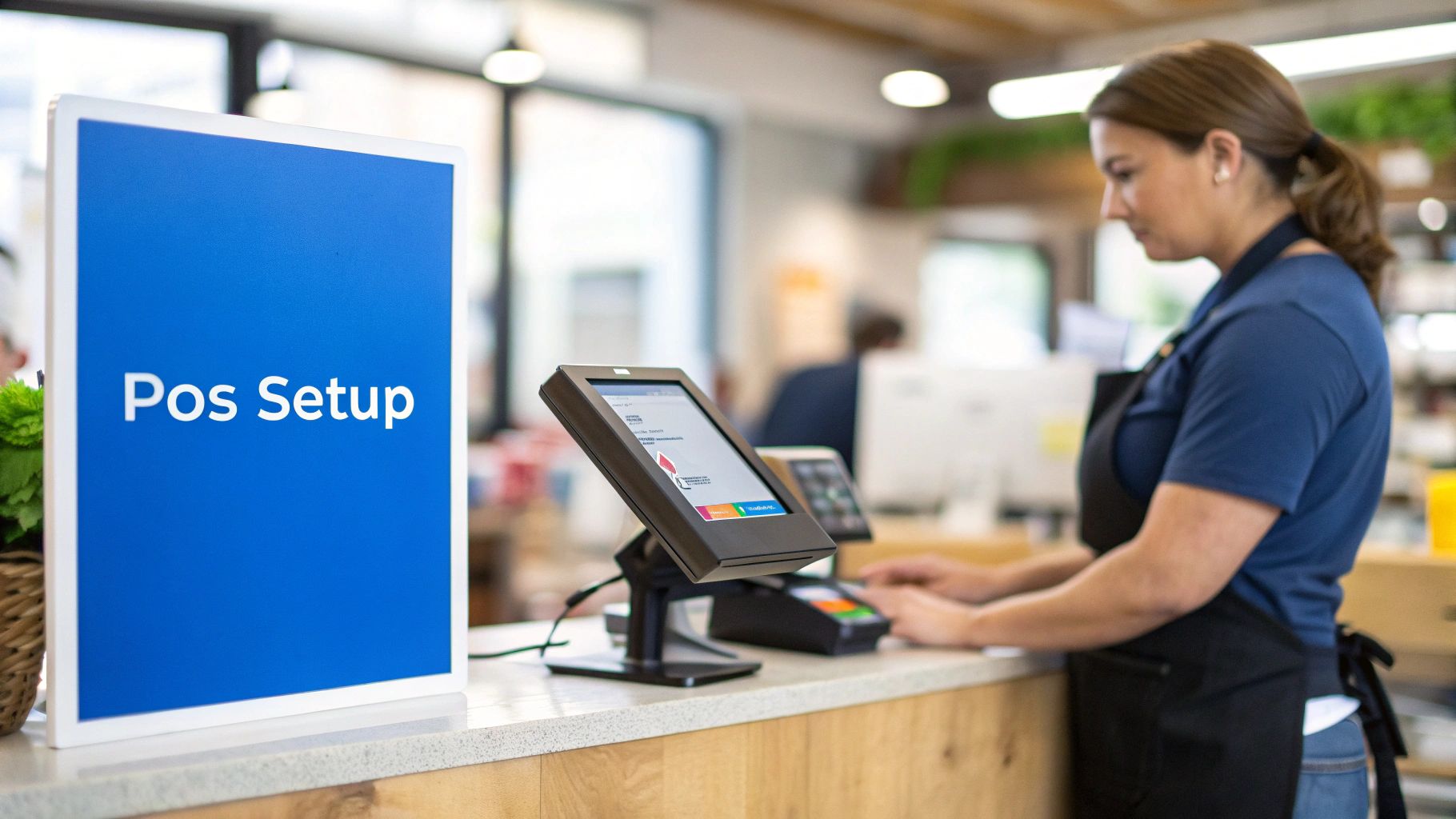 A woman in a blue shirt and black apron operates a POS system at a counter with a 'Pos Setup' sign.