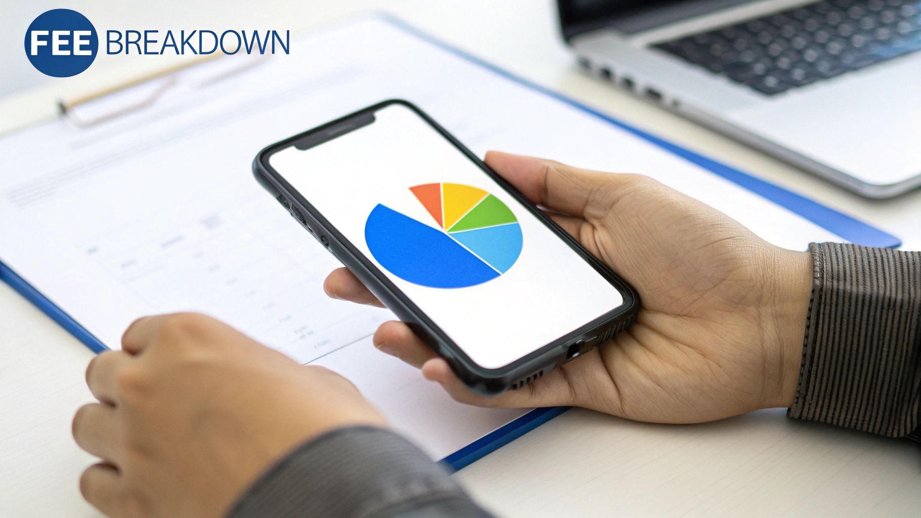 A person holds a smartphone displaying a colorful pie chart, with business documents and a laptop in the background.