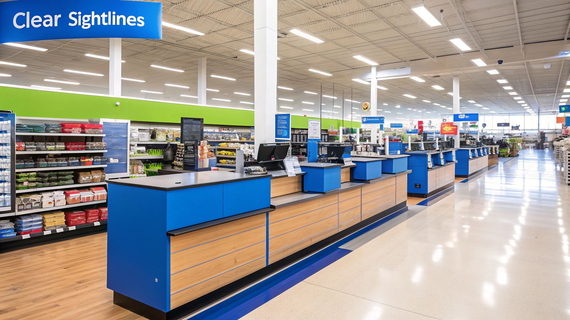 A well-lit and organized retail store with clear sightlines