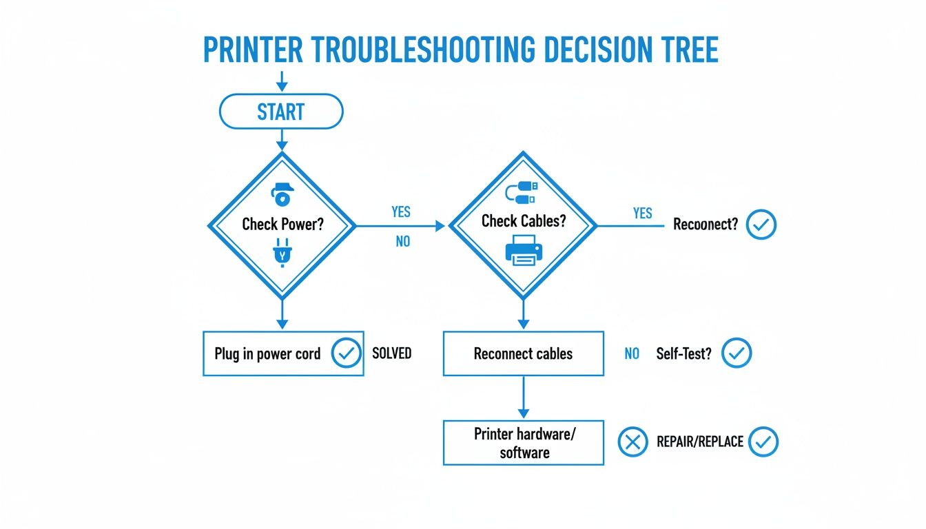 A flowchart showing a step-by-step decision tree for printer power and cable troubleshooting.