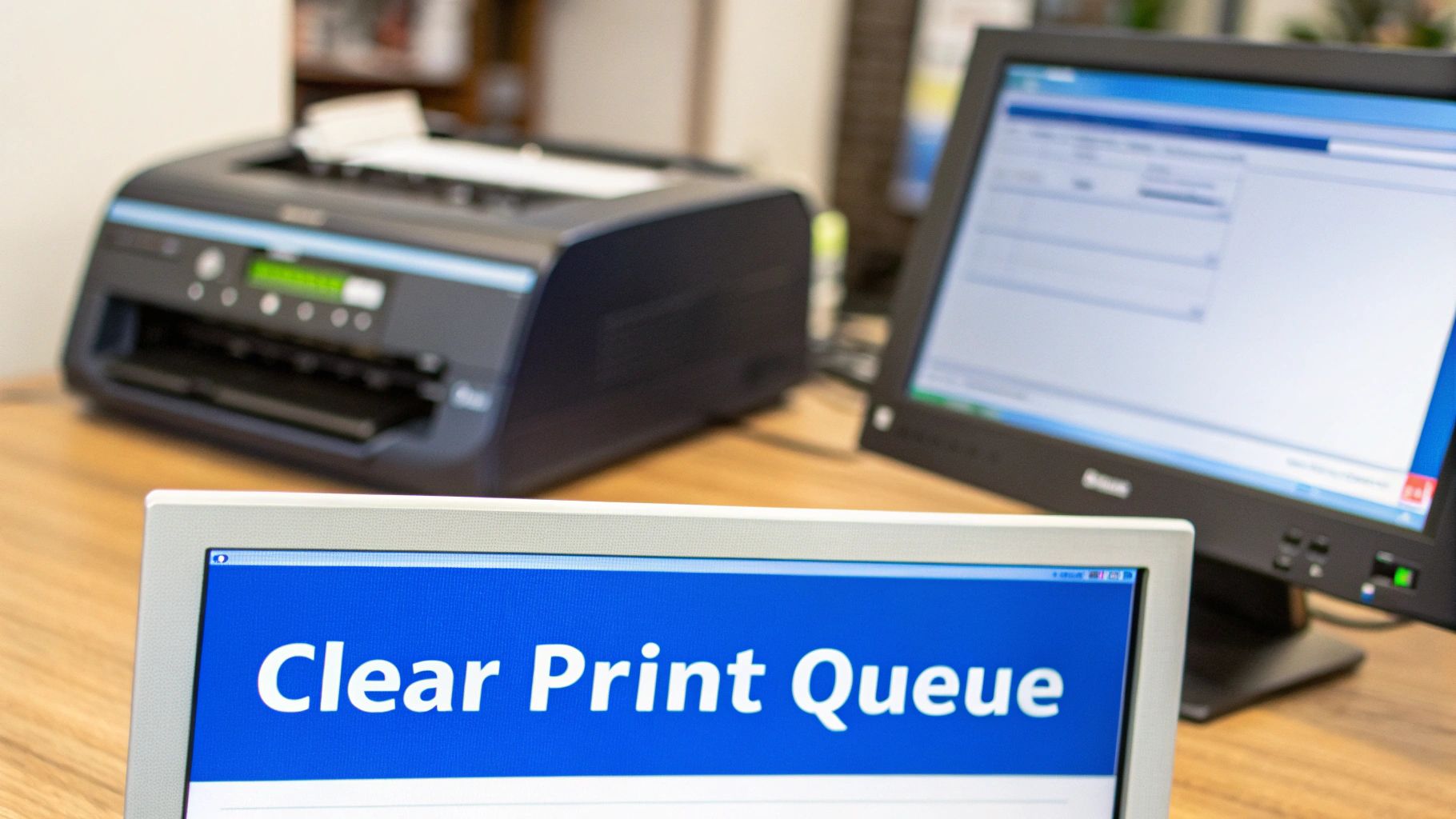 A close-up of a computer monitor displaying 'Clear Print Queue' with a printer and another screen.