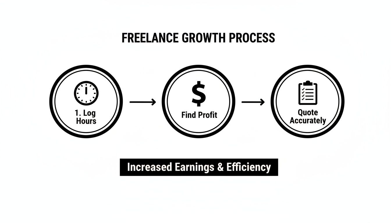 Diagram showing the freelance growth process: log hours, find profit, then quote accurately for increased earnings and efficiency.