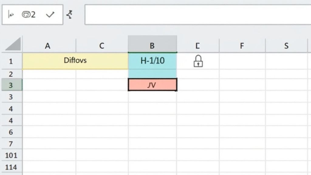 A screenshot of an Excel spreadsheet showing highlighted cells with text 'Diftovs', 'H-1/10', and 'JV'.