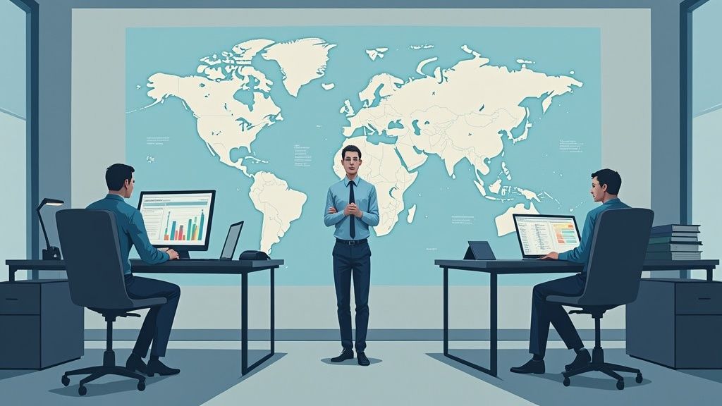 A futuristic, optimistic view of a global remote team collaborating with holographic interfaces, symbolizing the evolution of work.