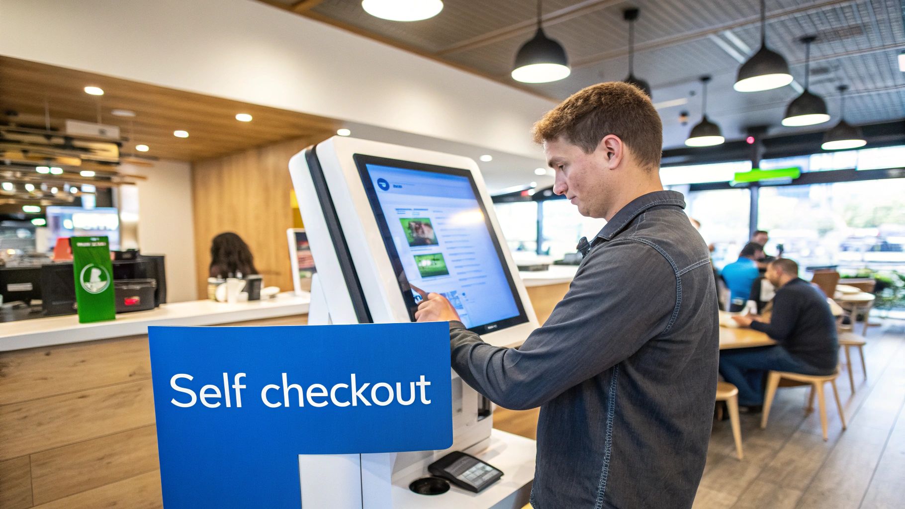 A customer using a self-service kiosk POS system to place an order.