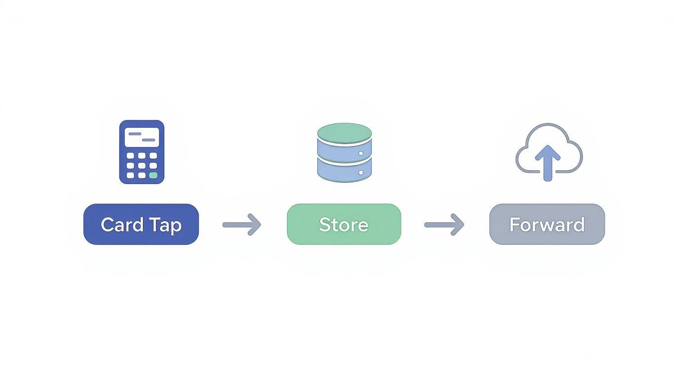 Flowchart showing three steps for transaction processing: Card Tap, Store, and Forward.