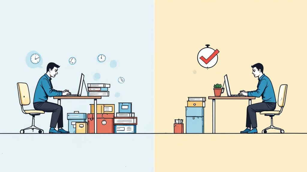 A split image showing a chaotic desk with many hours on the clock versus a clean, focused desk with fewer hours, symbolizing the difference between being busy and being productive.