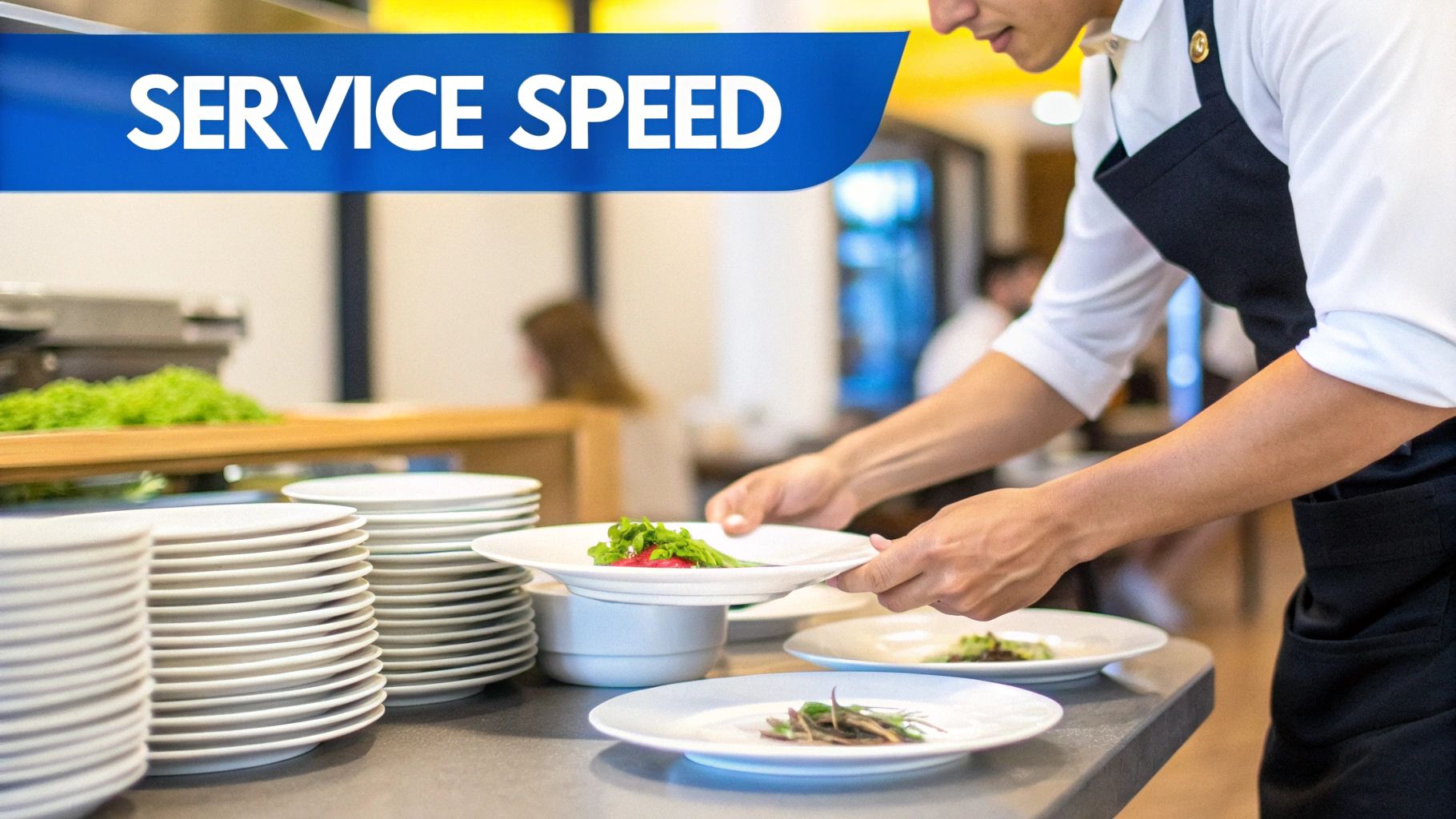 A chef preparing food in a busy restaurant kitchen