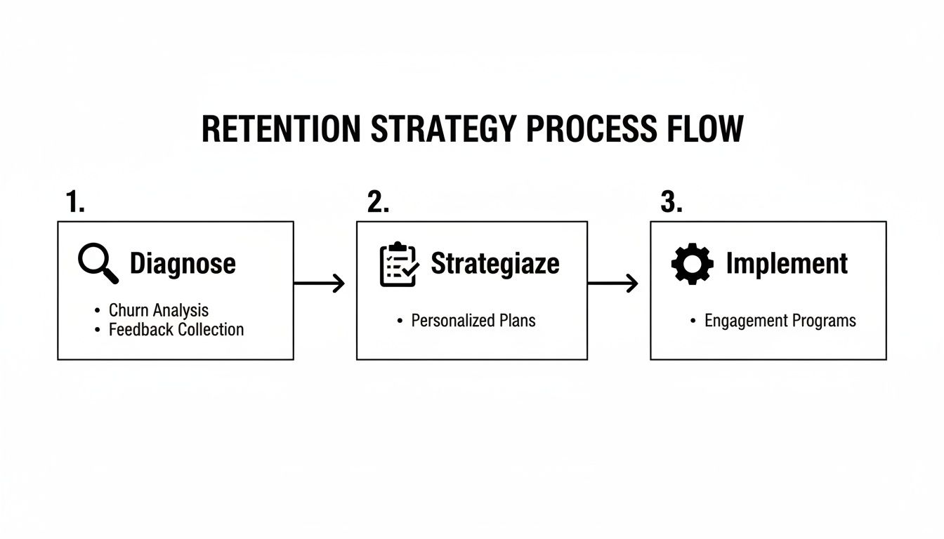 A three-step retention strategy process flow: Diagnose, Strategize, and Implement for reducing employee turnover.
