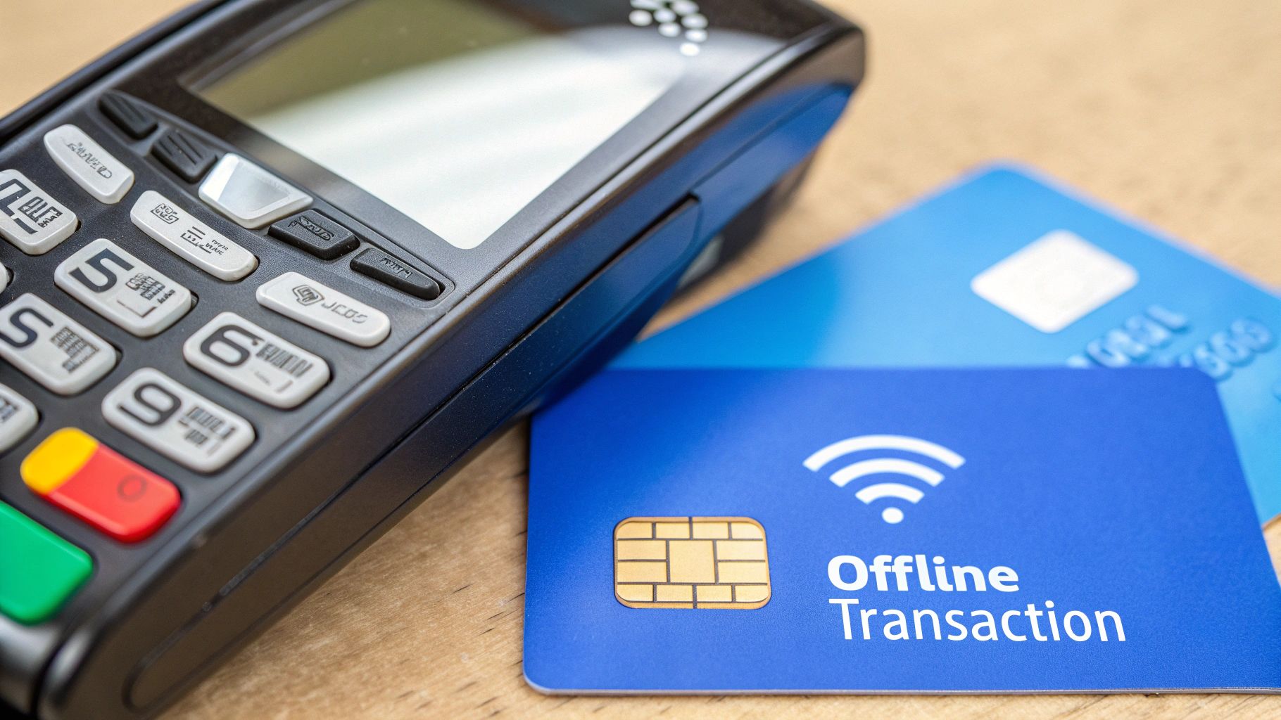 A vintage credit card imprinter machine next to a modern credit card with a chip, symbolizing the evolution of offline payment technology.