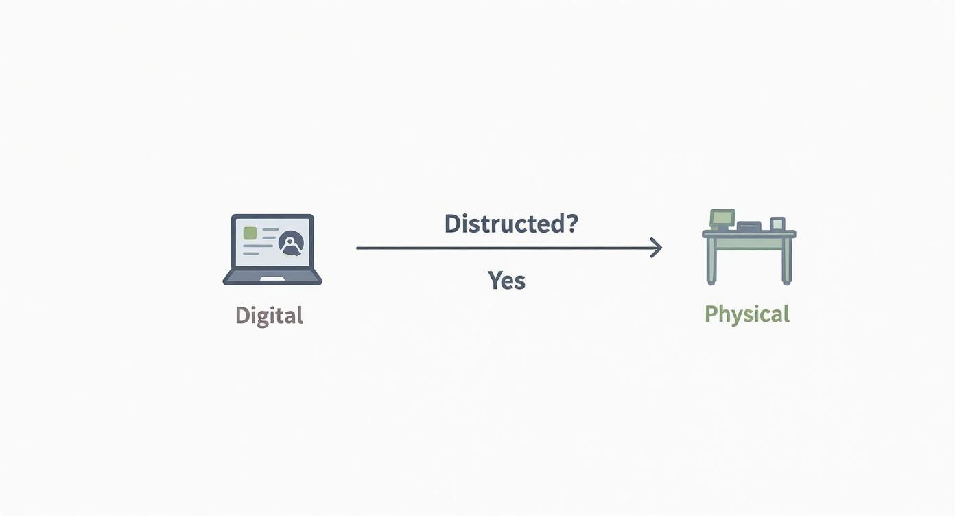 A diagram illustrates a laptop representing 'Digital' leading to a physical desk, with an arrow labeled 'Distracted? Yes'.