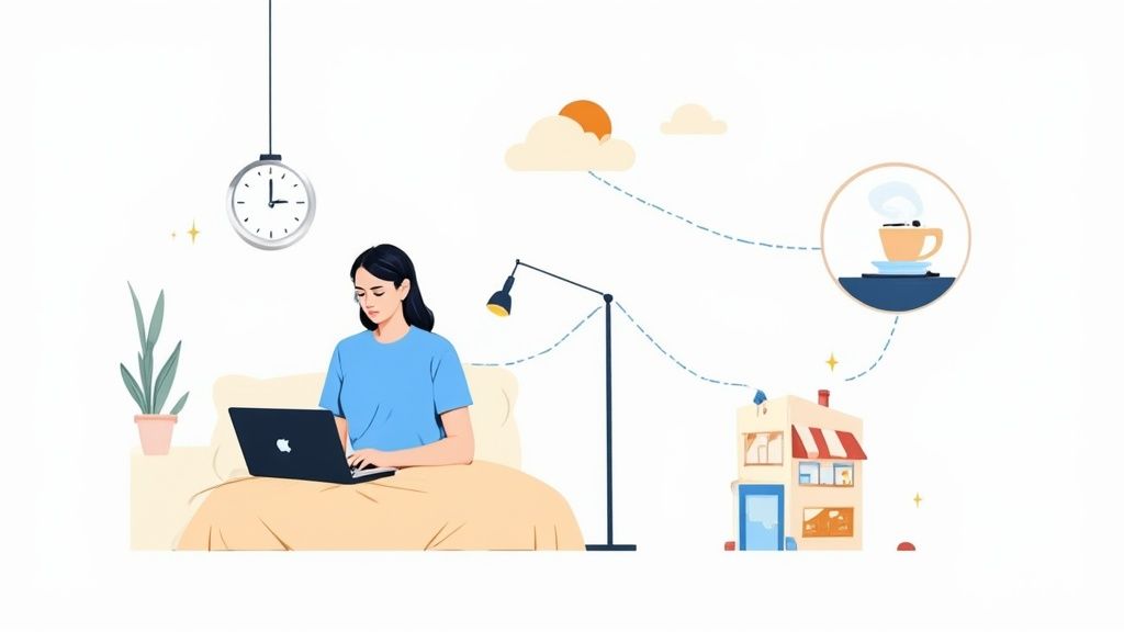 A woman works on a laptop in bed with icons representing remote work, coffee, and a store.