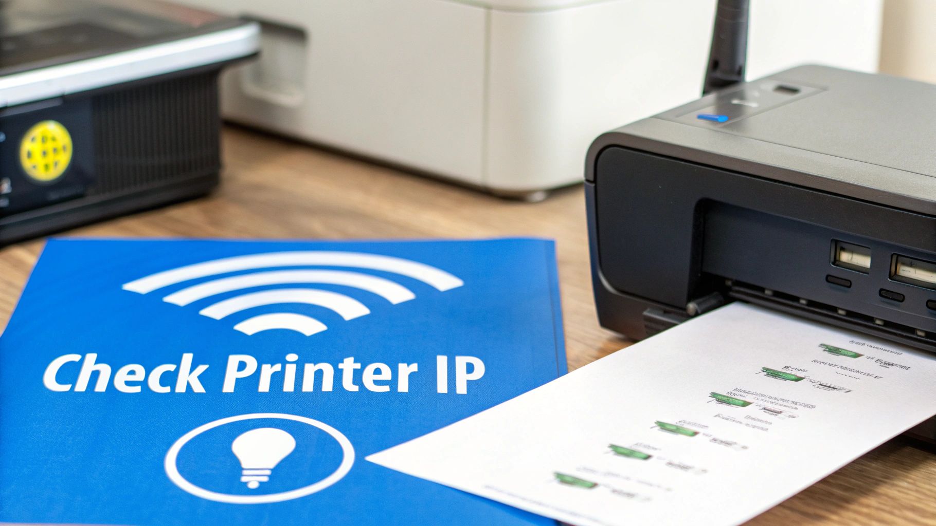 A blue pamphlet with 'Check Printer IP' and a WiFi symbol next to a printer printing a document.
