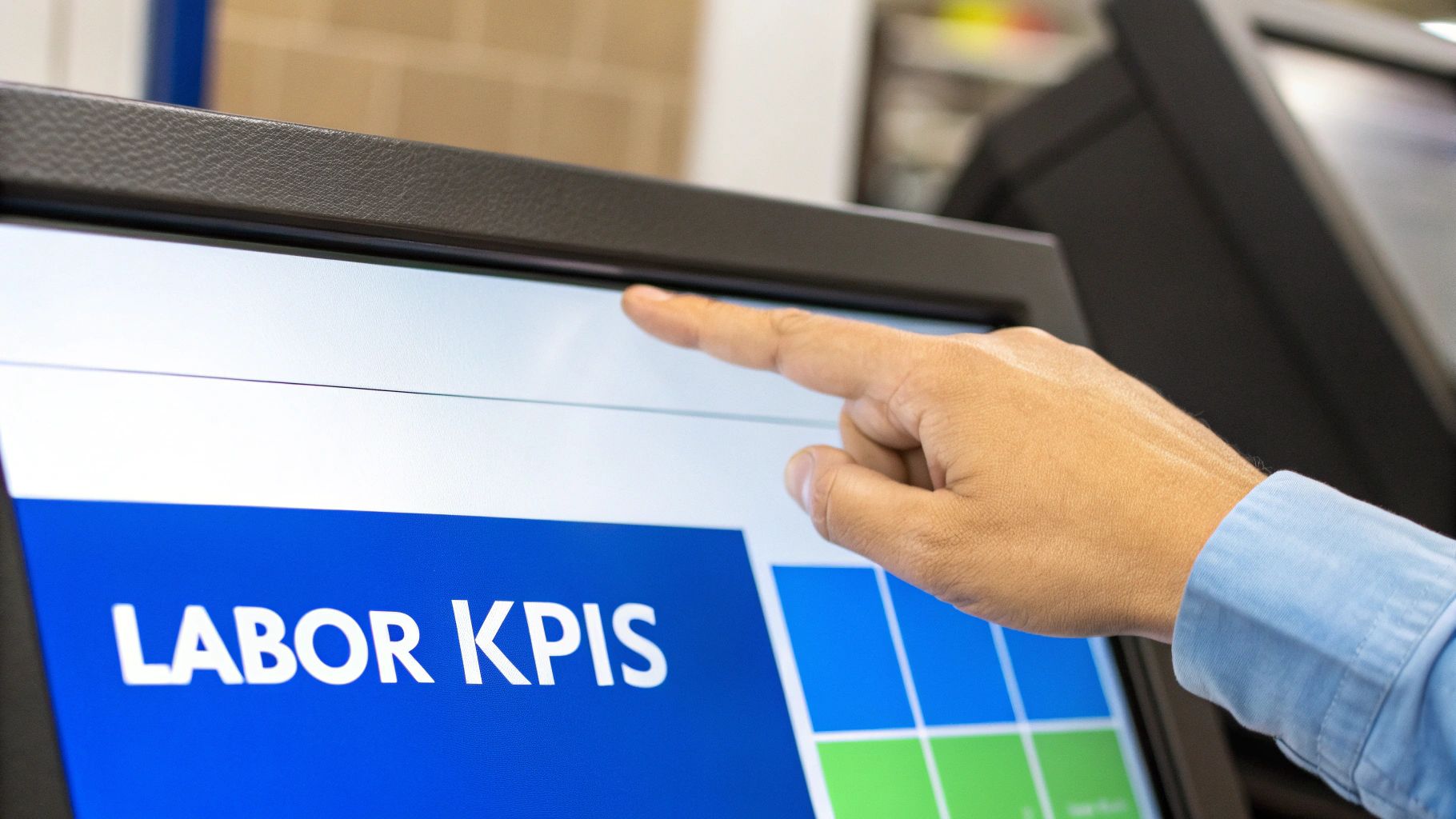 Person using touchscreen kiosk displaying labor KPIS dashboard for workforce management and analytics