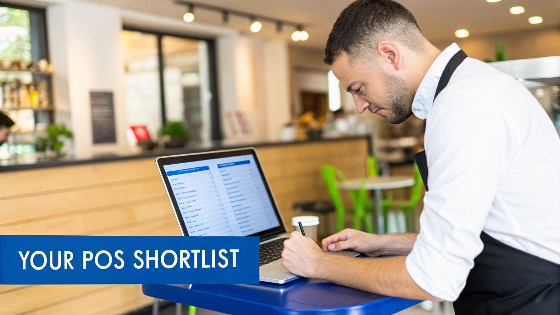 A focused man, wearing an apron, works on a laptop at a blue table in a modern cafe.