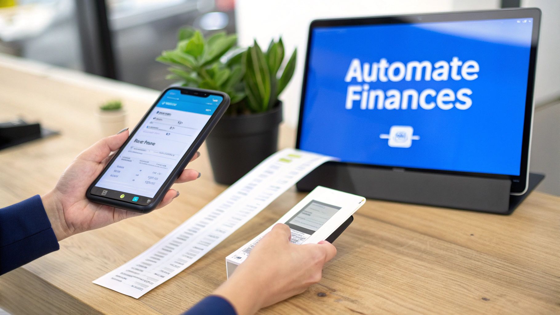 A person using a smartphone to scan a receipt, with financial data appearing on a laptop screen behind them, illustrating automation.
