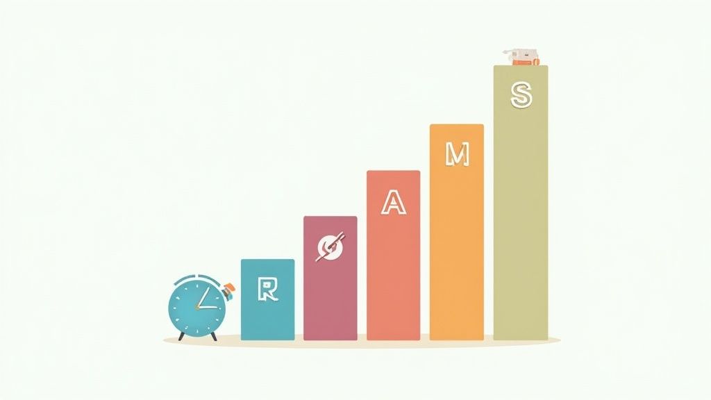 Illustration of SMART goal setting, showing a bar chart with an alarm clock and letters S, M, A, R.