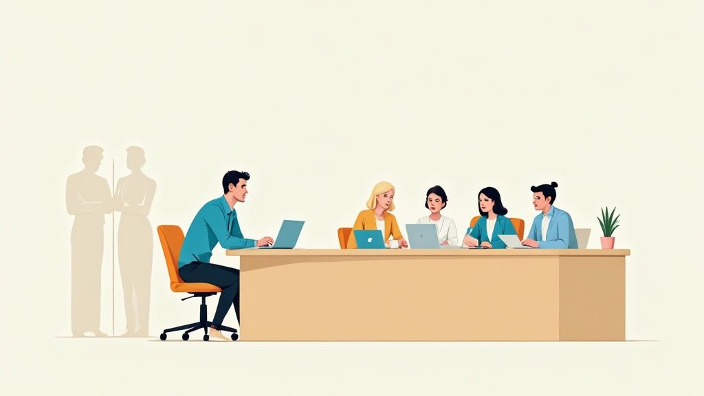 A man sits at a desk with a laptop, facing a panel of four women, with faint figures in the background.