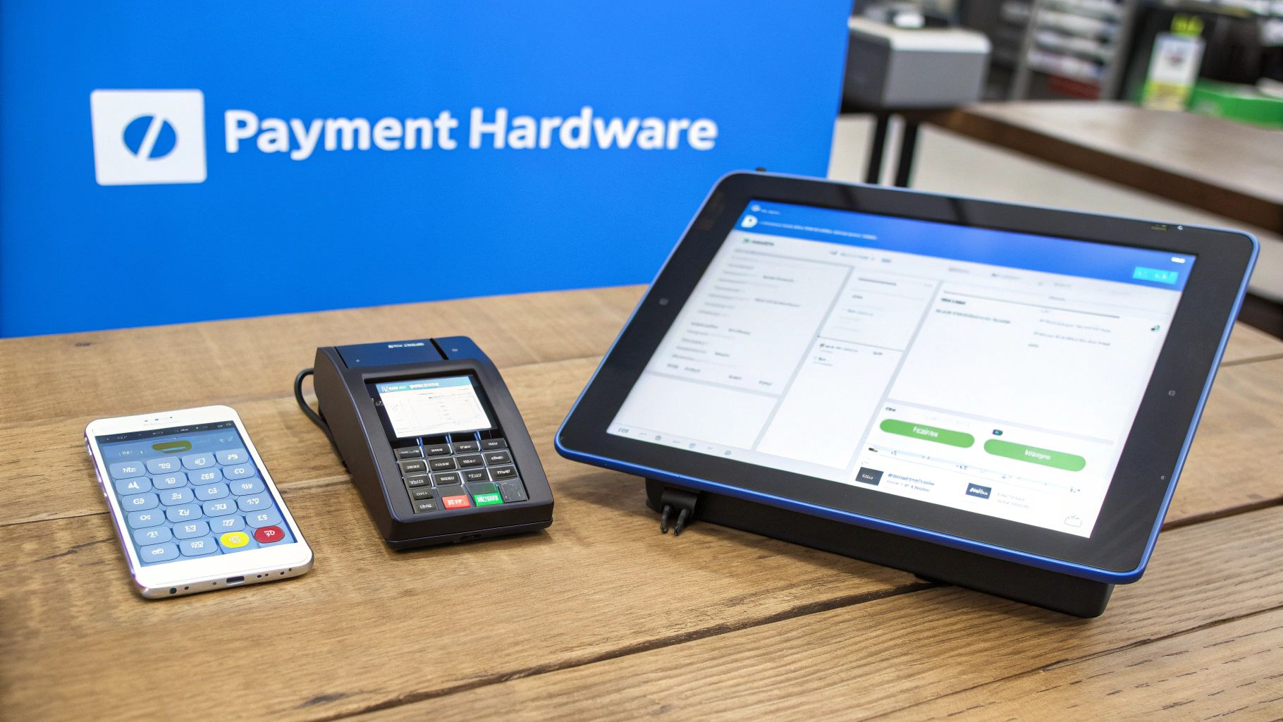 Various payment hardware, including a smartphone, card terminal, and tablet, on a wooden desk.