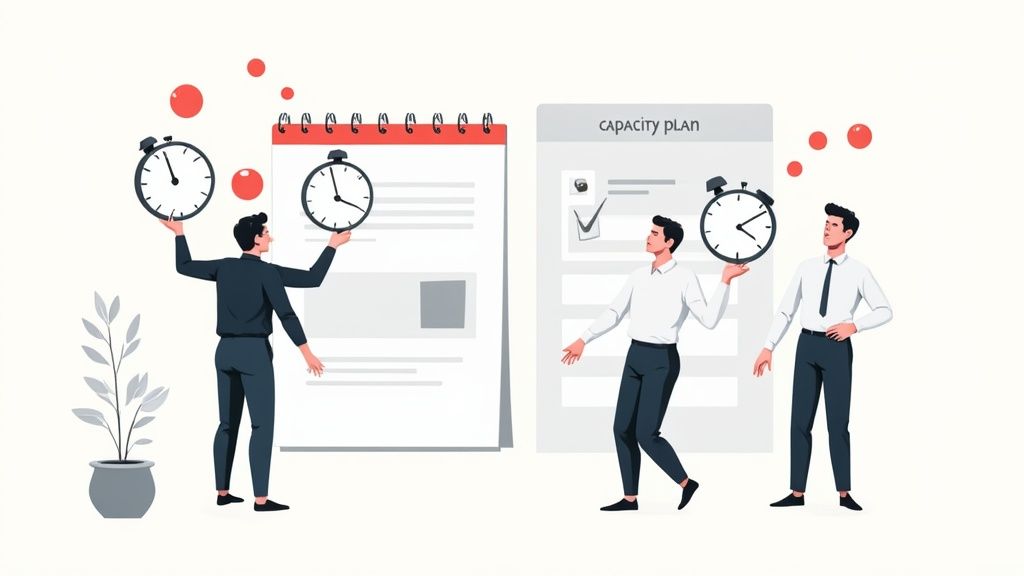Business professionals juggling clocks and schedules while reviewing capacity planning documents and checklists