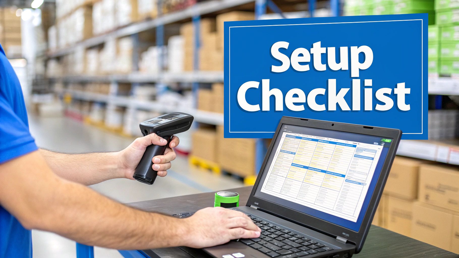 A person in a warehouse scans items with a barcode scanner while viewing a setup checklist on a laptop, managing inventory.