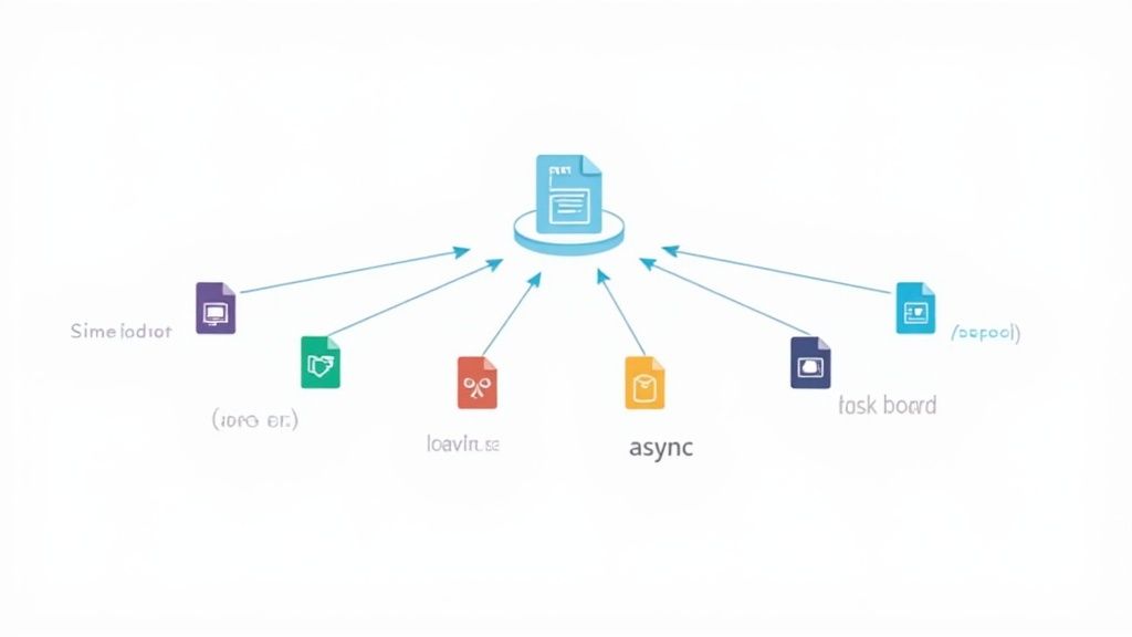 Infographic illustrating data flow, with a central document icon linked to six diverse application icons.