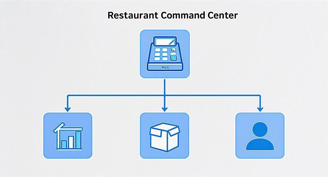 A diagram illustrates a restaurant command center with a POS system connecting to business operations, inventory, and staff.