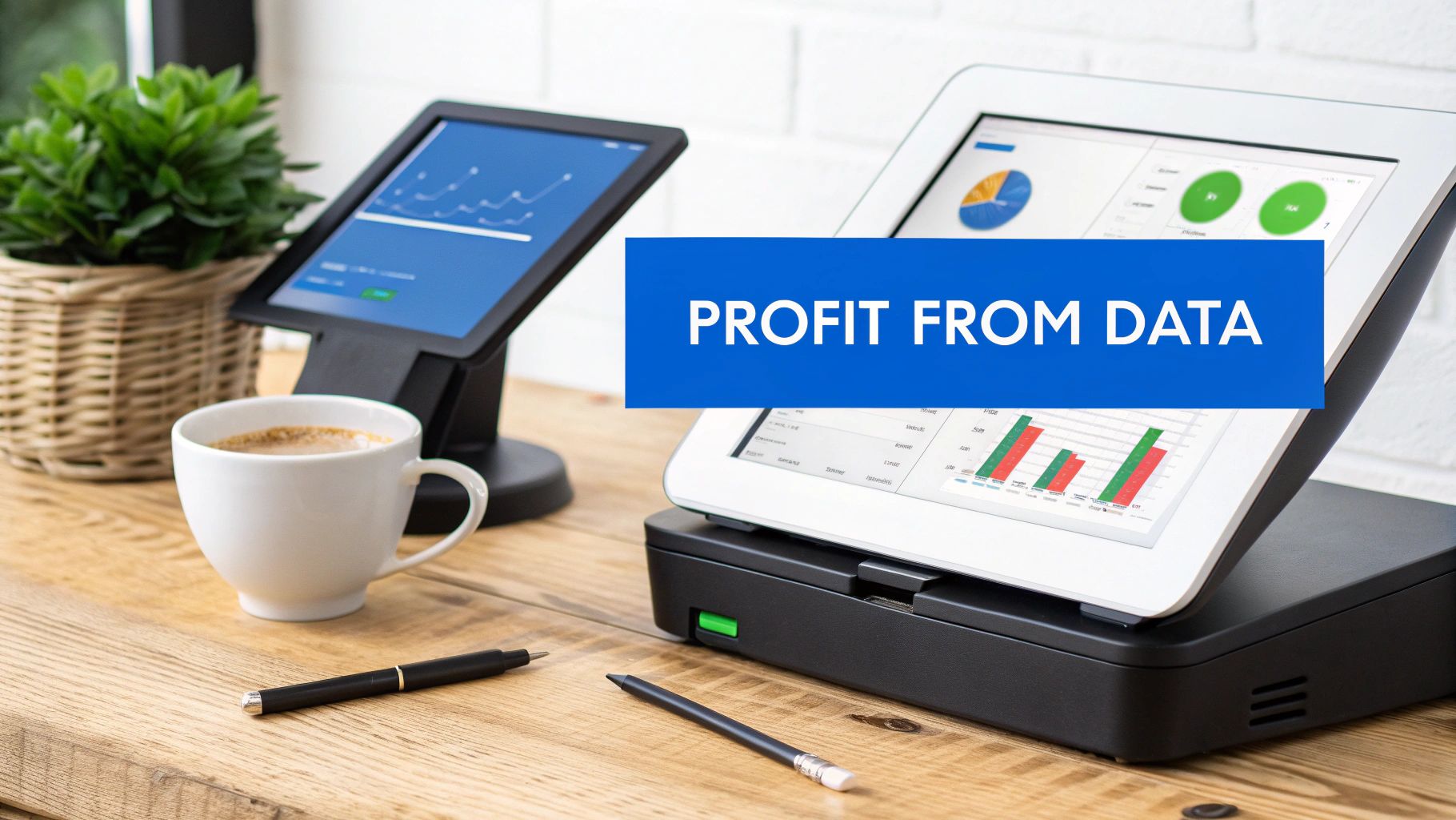 Two POS systems display business analytics on a wooden desk with coffee and a plant.