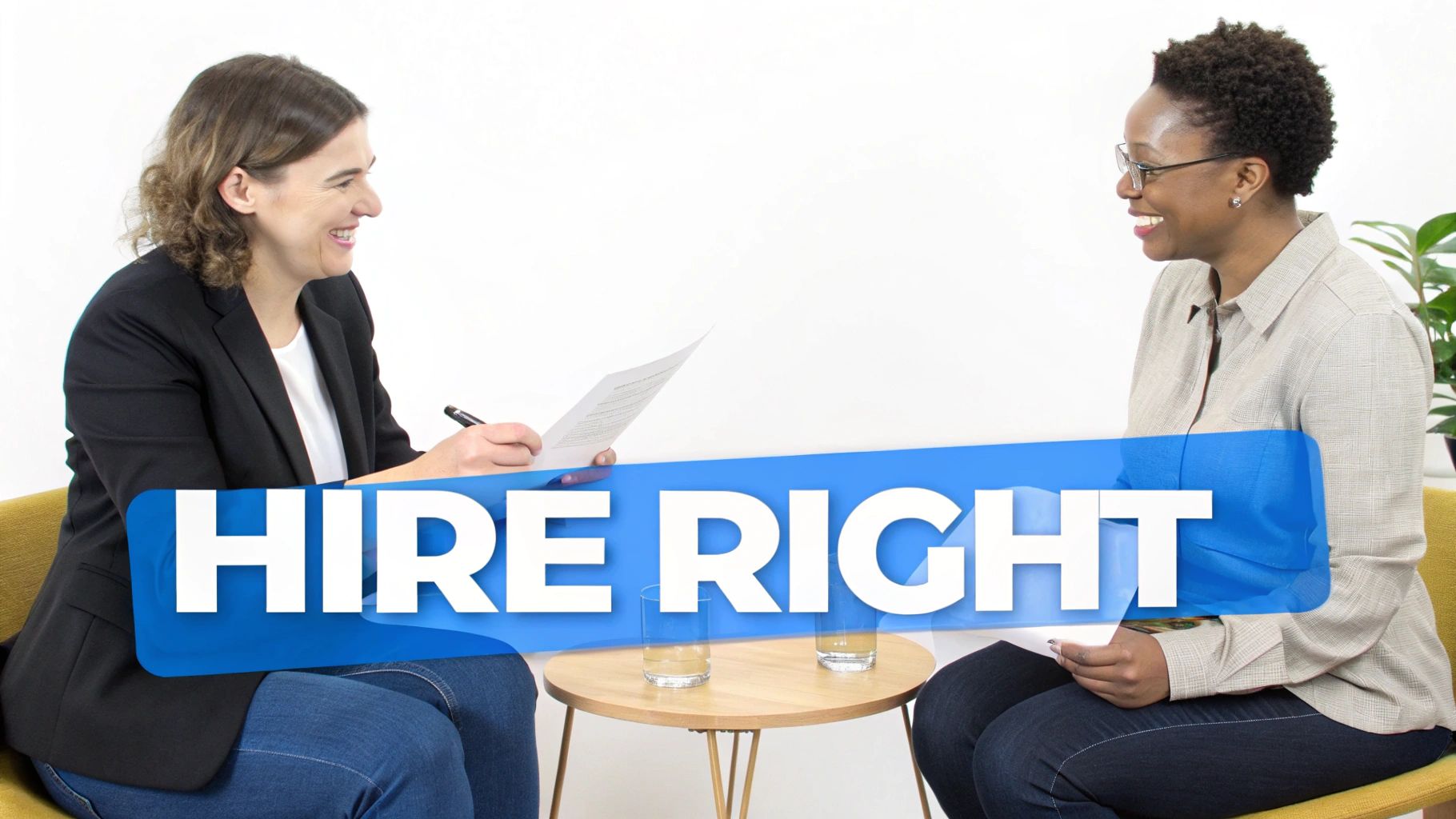 Two smiling women engaged in a professional interview or discussion, with 'HIRE RIGHT' text overlay.