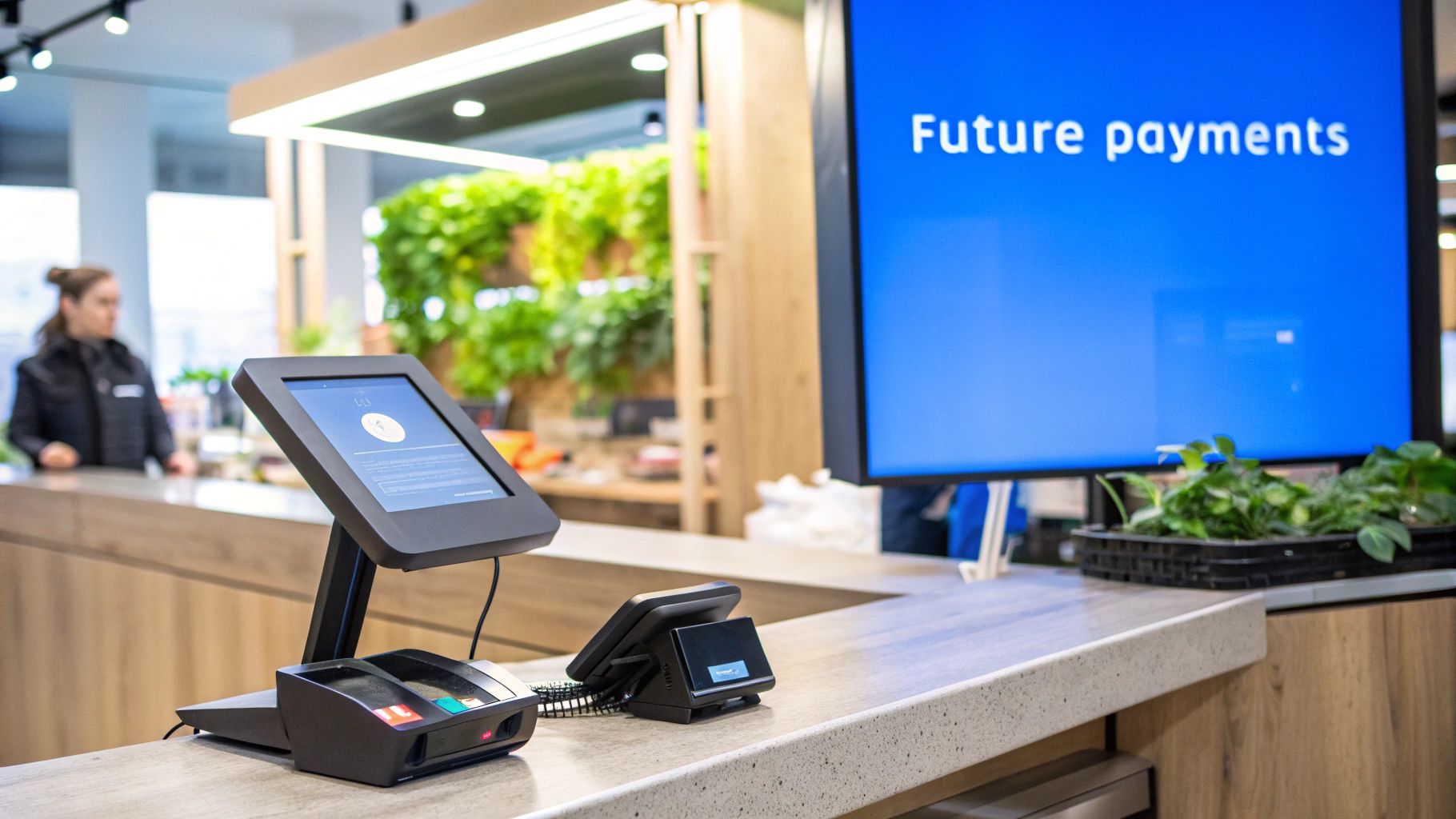 A person holding a credit card in front of a modern POS terminal, with question marks floating around them.