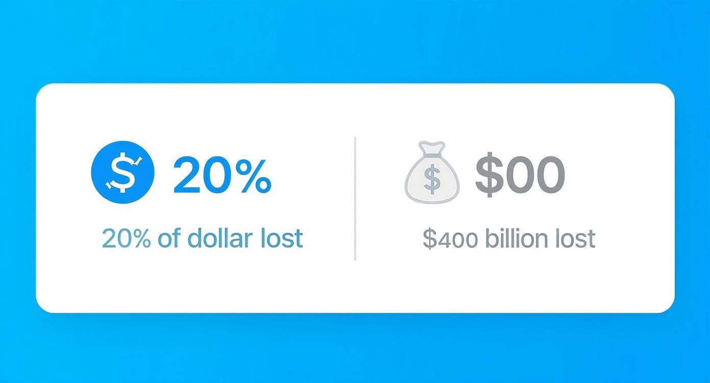 A graphic displaying financial loss statistics: 20% of dollar lost and $400 billion lost.