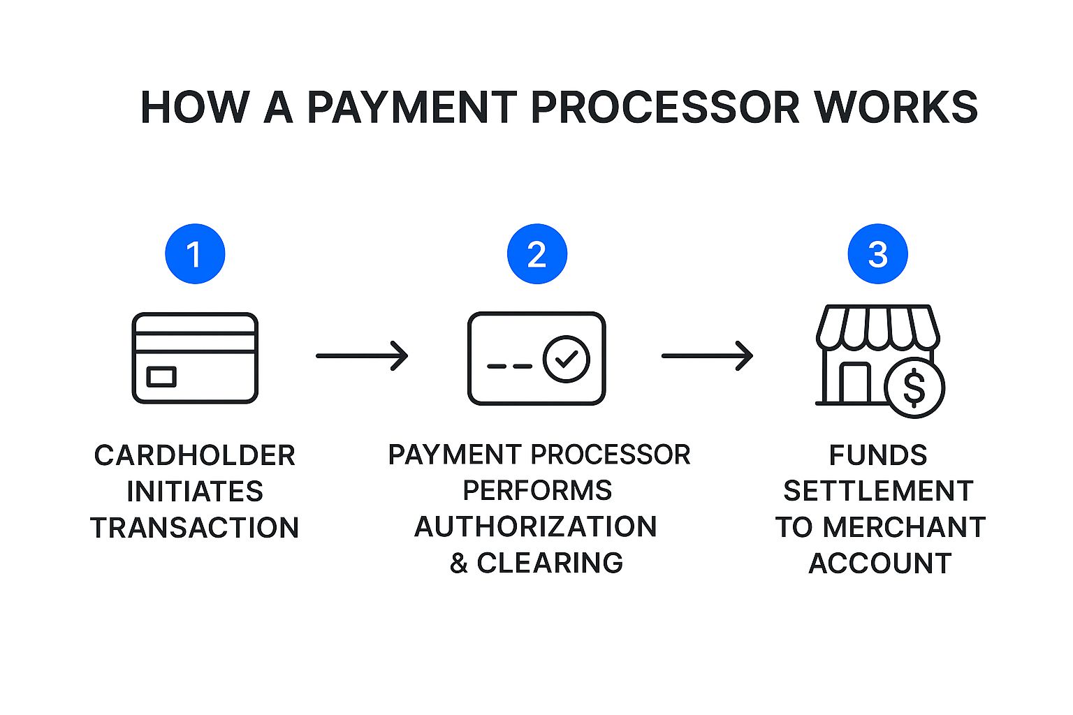 Infographic showing the three-step payment process flow: Cardholder initiates transaction, payment processor handles authorization and clearing, and funds are settled to the merchant account.