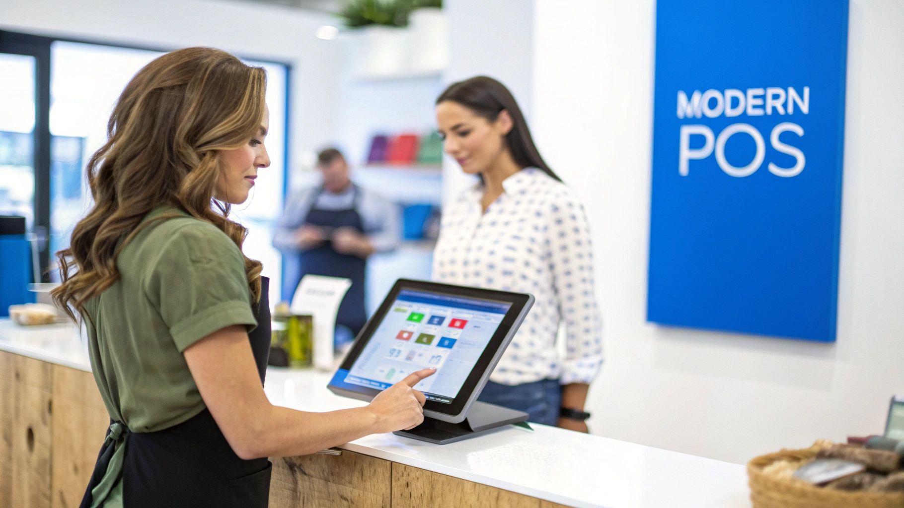 A modern POS system being used in a cafe setting to process a transaction.