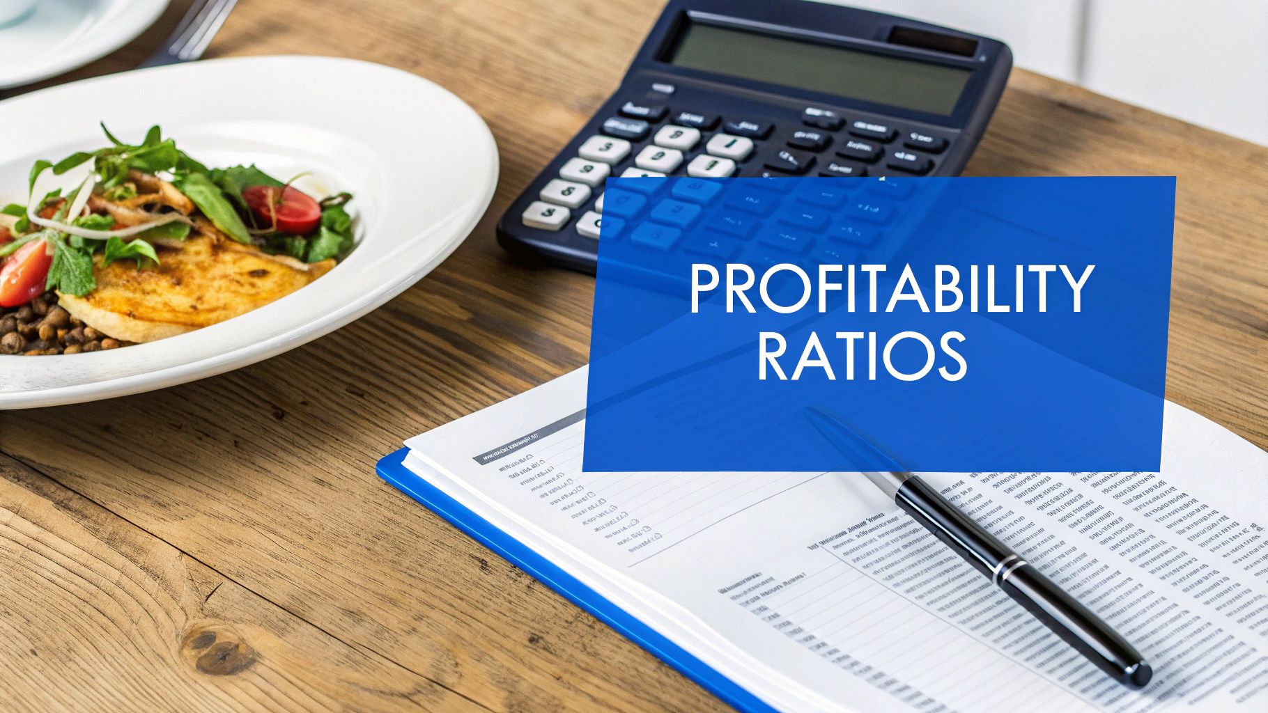 A calculator, financial document, and a plate of food on a table, with 'PROFITABILITY RATIOS' overlaid.